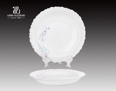 Lebensmittelsicherer 8.5-Zoll-Teller aus rundem Opalglas mit Abziehbildblume