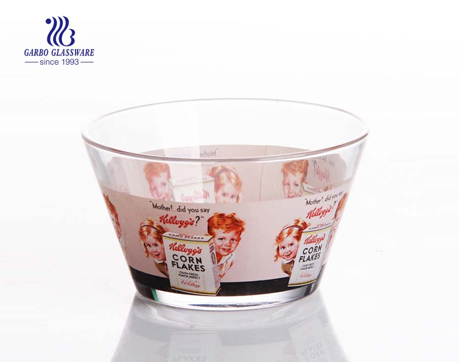 5.5inch Food grade V-shape customize decals logo glass bowl 