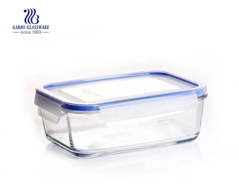 Recipiente de almacenamiento de vidrio de borosilicato rectángulo pyrex de 8 pulgadas con tapa de sellado azul