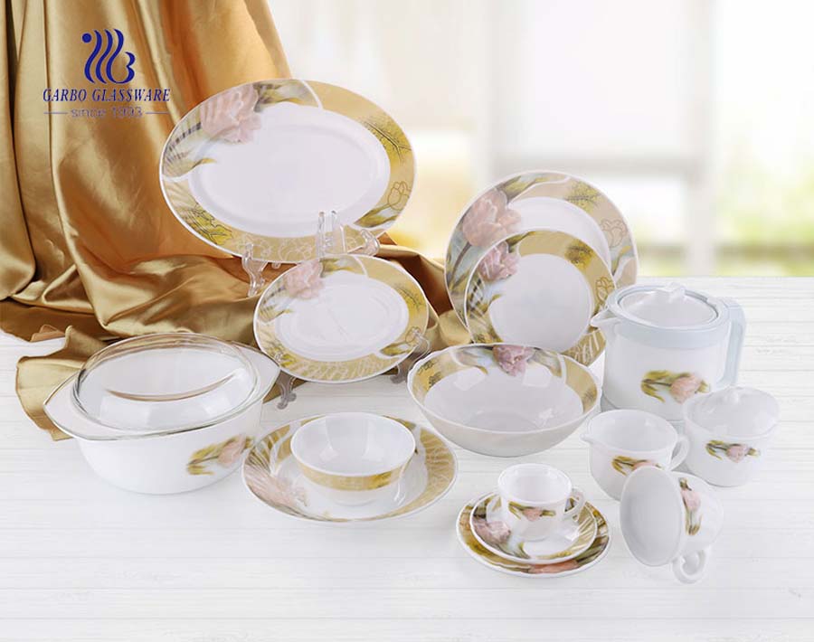 Wholesale high quality cheap decal 58pcs opal glass dinner set 