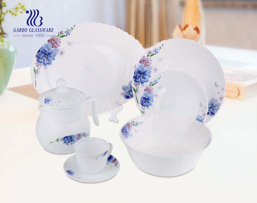 Wholesale high quality cheap decal 58pcs opal glass dinner set 