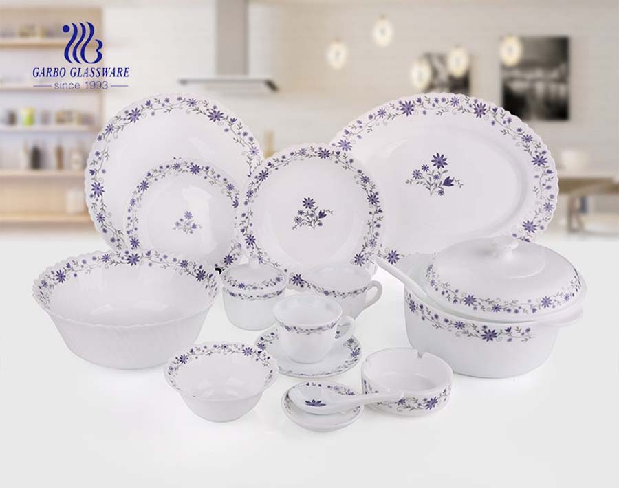 Wholesale high quality cheap decal 58pcs opal glass dinner set 