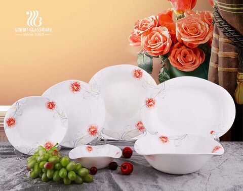 21 Piece Watered Shape Multicolor Decorated Opal Tempered Glass Dinnerware Bowls and Plates Set 