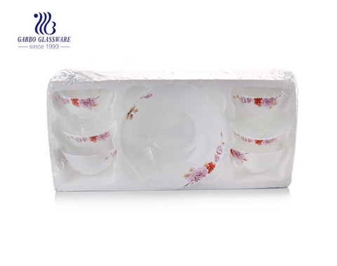 Thủy tinh opal 6 chiếc bát thủy tinh màu trắng opal và 1 đĩa đặt trong bao bì xốp