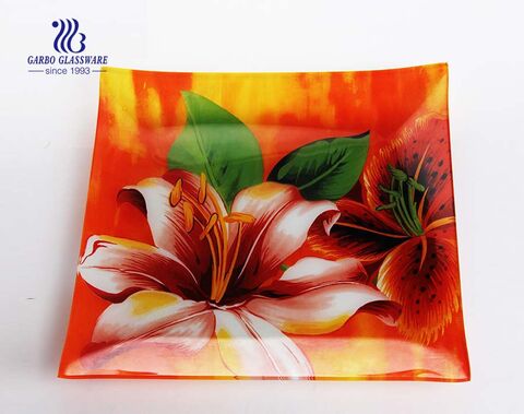 family daily use OEM beautiful decal cheap 9.8inch flat glass plate