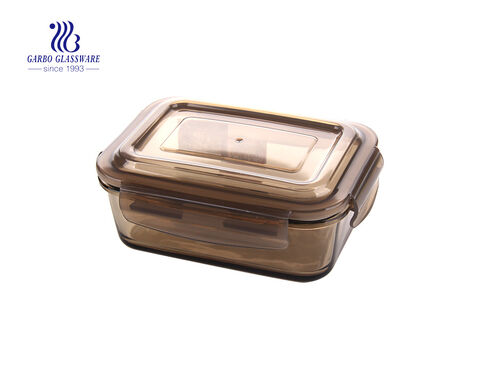 6.8 inch quadrangle amber tempered glass food container with sealed lid 820ml