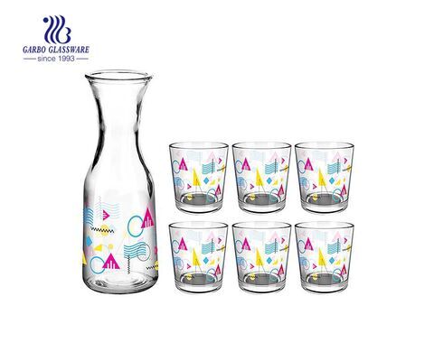 Wholesale customized printing 5pcs drinking set with 1 liter glass bottle  and 8oz glass cup