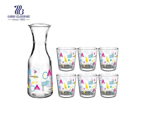 ensemble de bouteilles de verrerie de tous les jours impression personnalisée 5pcs ensemble de boisson avec bouteille en verre de 1 litre et tasse en verre de 8 oz