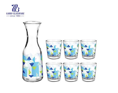 everyday glassware bottle sets customized printing 5pcs drinking set with 1 liter glass bottle and 8oz glass cup