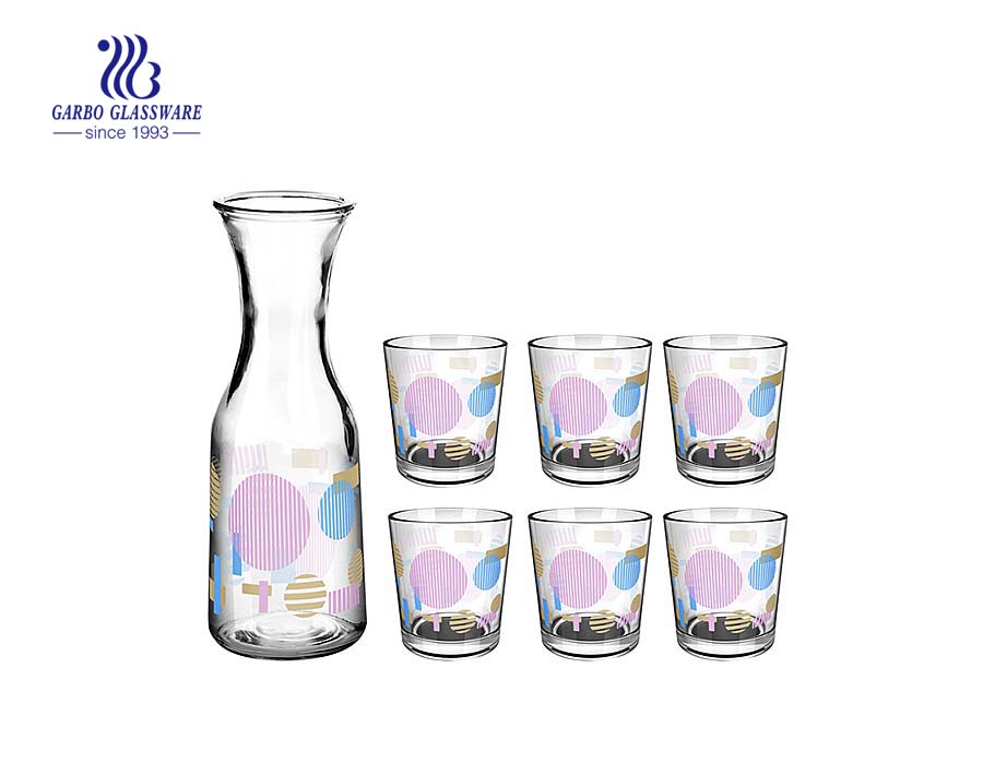 everyday glassware bottle sets customized printing 5pcs drinking set with 1 liter glass bottle and 8oz glass cup