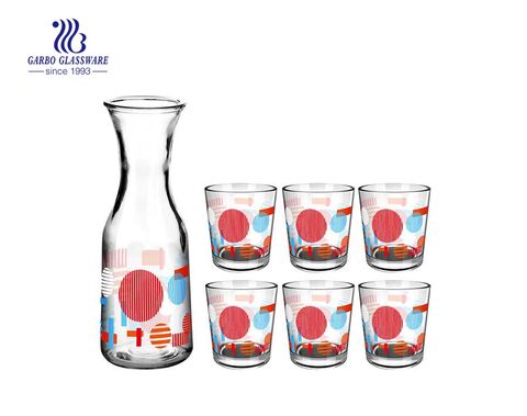 everyday glassware bottle sets customized printing 5pcs drinking set with 1 liter glass bottle and 8oz glass cup