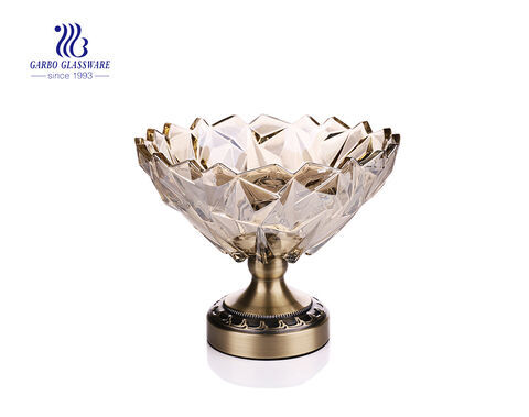 9.57'' Ion Electroplated Glass Bowl for Fruit Serving with Antique Gold Metal Pedestal