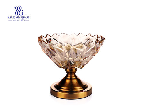 9.57'' Ion Electroplated Glass Bowl for Fruit Serving with Antique Gold Metal Pedestal