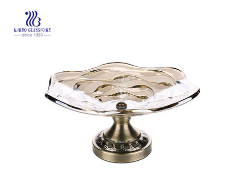 9.57'' Ion Electroplated Glass Bowl for Fruit Serving with Antique Gold Metal Pedestal