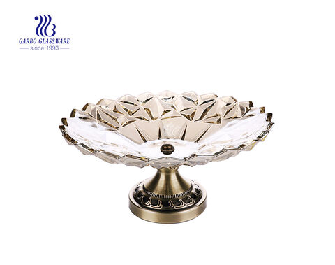 9.57'' Ion Electroplated Glass Bowl for Fruit Serving with Antique Gold Metal Pedestal