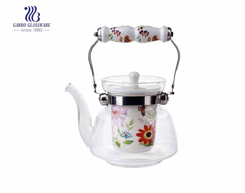 Logo tùy chỉnh Ấm trà thủy tinh pyrex gốm sứ 1L có tay cầm bằng gốm