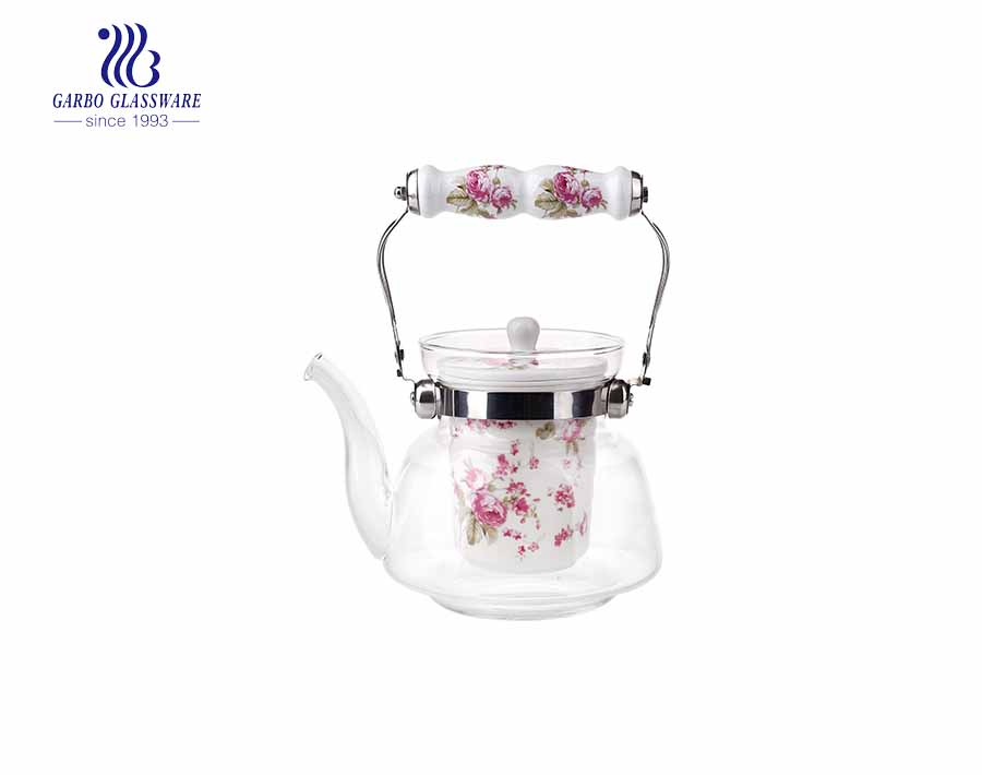 Customized Logo 1L ceramic infuser pyrex glass teapot with ceramic handle