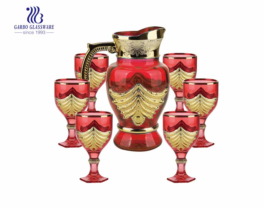 7PCS Golden Water Glass Jug with fish design cups set