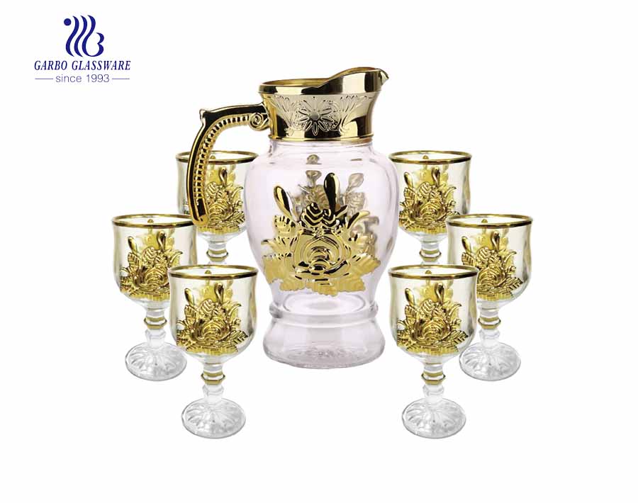 7PCS Golden Water Glass Jug with fish design cups set