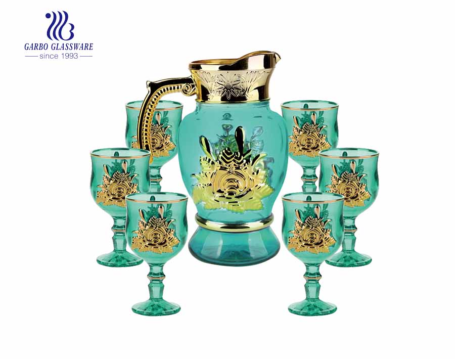 7PCS Golden Water Glass Jug with fish design cups set