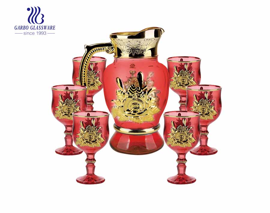 7PCS Golden Water Glass Jug with fish design cups set