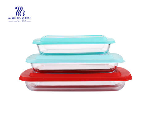 3pcs Cheap microwave oven using rectangle glass baking dish set with PP cover
