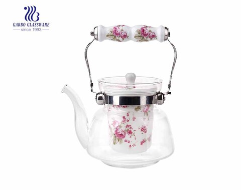 Customized decal logo 1L pyrex glass teapot with ceramic infuser