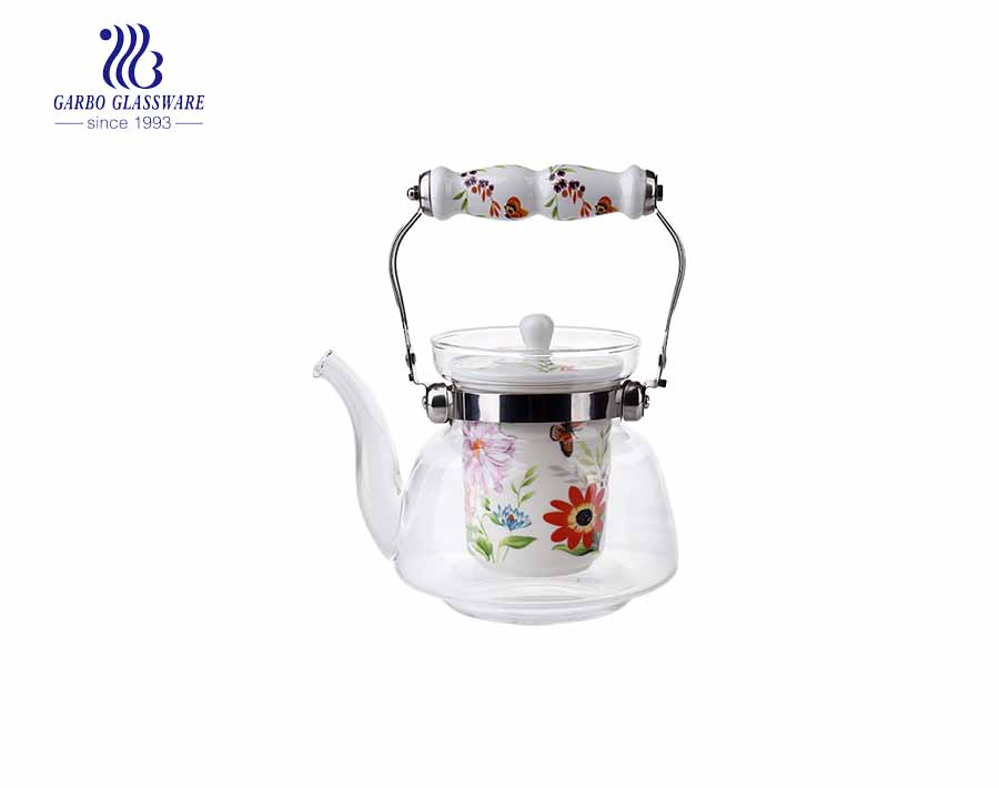 Customized decal logo 1L pyrex glass teapot with ceramic infuser