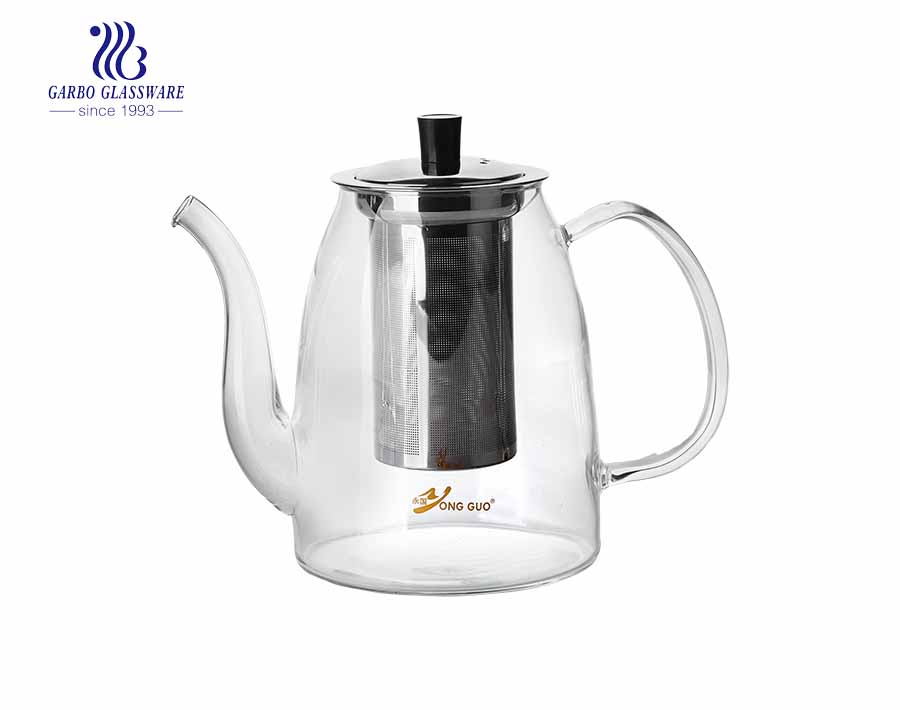 Customized decal logo 1L pyrex glass teapot with ceramic infuser