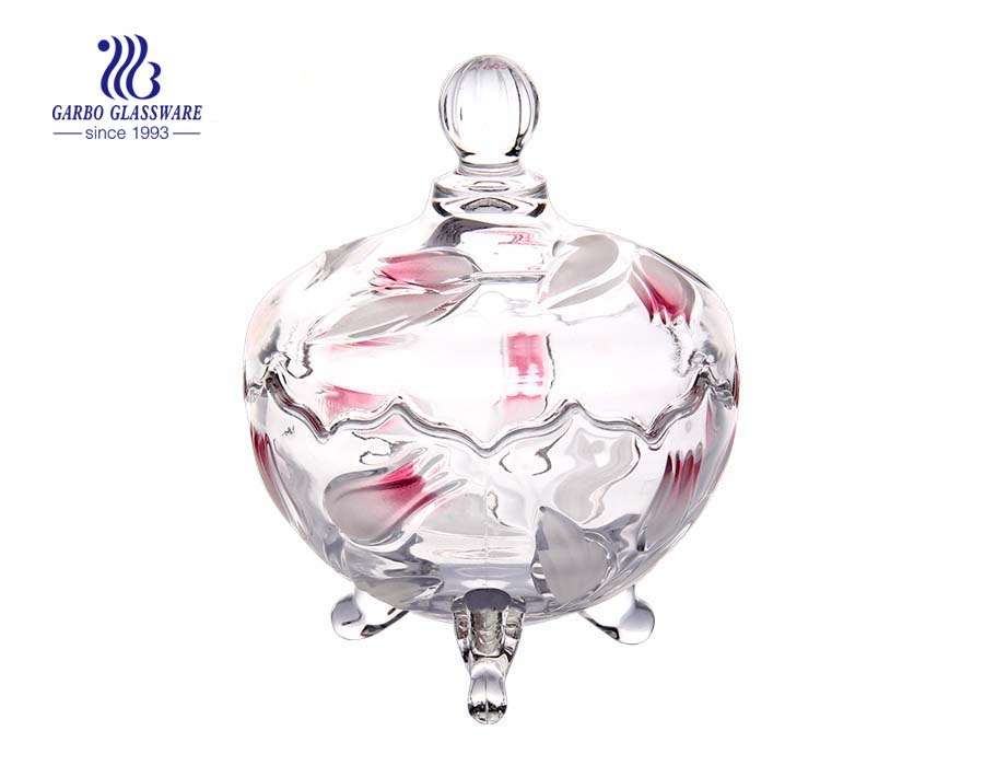 High quality engraved glass candy jar honey glass jar with lid 