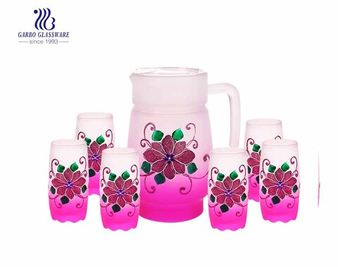 Set of 7pcs Purple Plated Water Glass Pitcher with Handle and Drinking Glasses