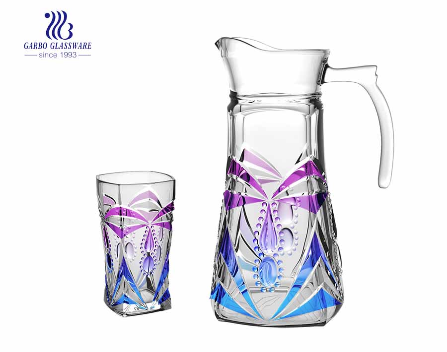 Set of 7pcs Purple Plated Water Glass Pitcher with Handle and Drinking Glasses