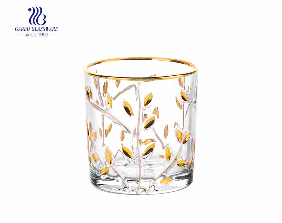 9oz cut whisky glass cup with gold rim and leaf design