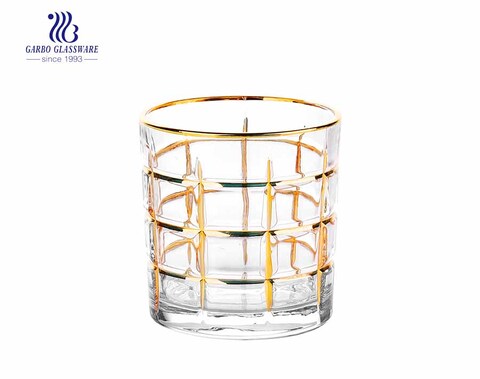 9oz cut whisky glass cup with gold rim and leaf design
