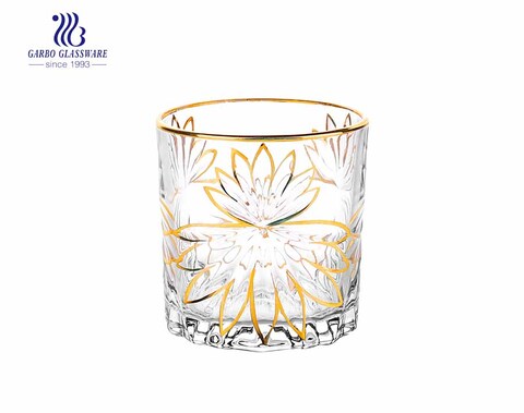 9oz cut whisky glass cup with gold rim and leaf design