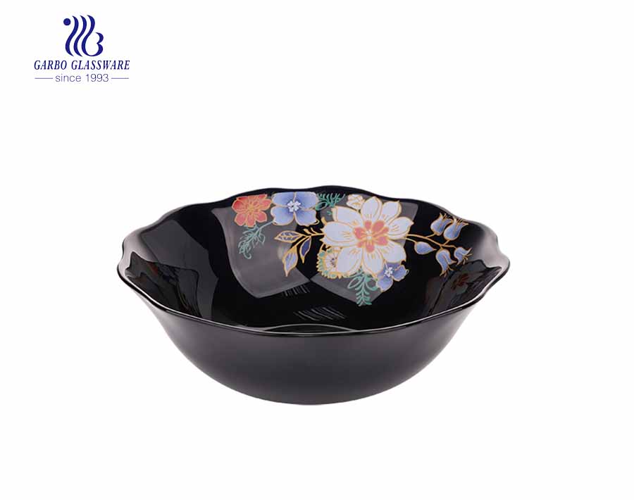 Assiette plate opale noire en forme de fleur ronde