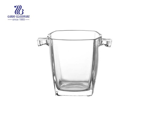 Square straight glass ice bucket with stainless steel handle