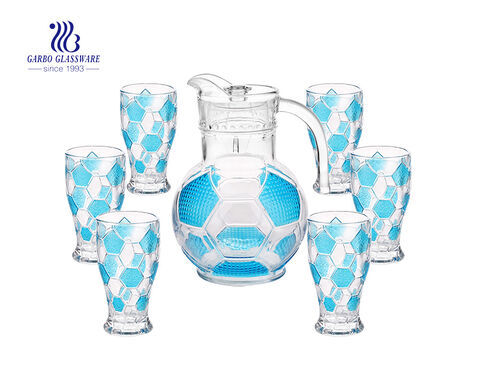 Set of 7 football shape glass water jug with color glasses