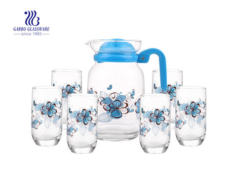 Set of 7 football shape glass water jug with color glasses