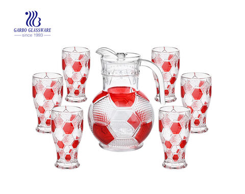 Set of 7 football shape glass water jug with color glasses