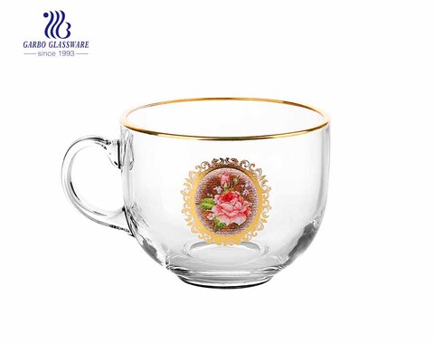 420ml Glass Coffee Mug With Gold Rim And Fancy Design