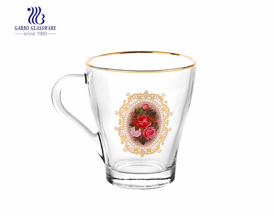 420ml Glass Coffee Mug With Gold Rim And Fancy Design