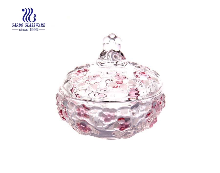 7 Zoll transparente rosa Sprühfarbe Flower Design Glass Candy Jar