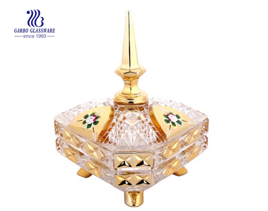 Hot Sale Diamand Form Golden Plating Candy Pot Glaswaren