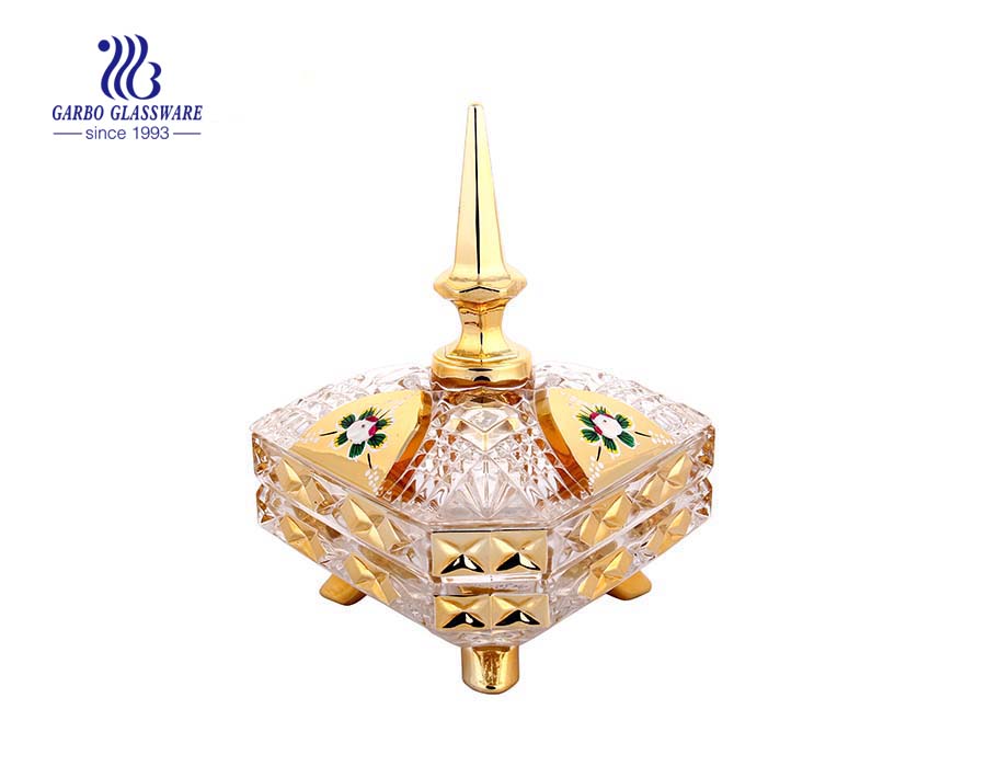 Hot Sale Diamand Form Golden Plating Candy Pot Glaswaren