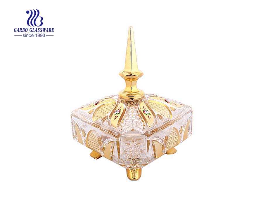 Hot Sale Diamand Form Golden Plating Candy Pot Glaswaren