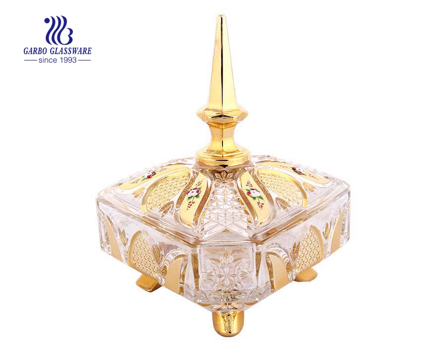 Hot Sale Diamand Form Golden Plating Candy Pot Glaswaren