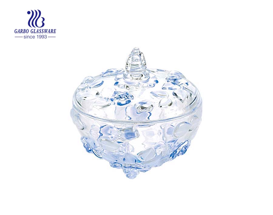 5.6inch elegent glass blue rose design glass candy jar for wedding use