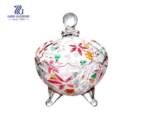 5.5inch popular foot standing colorful spray flower glass candy jar 