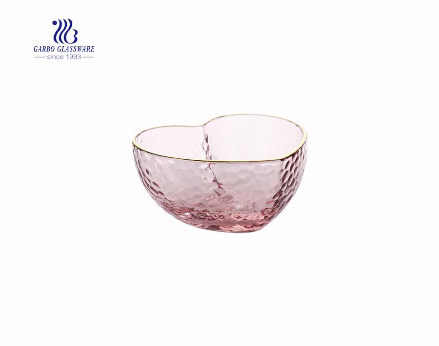 Bol de fruits en verre fantaisie fait main rose en forme de chaleur